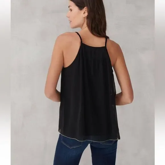 Lucky brand black silver flowy sheer smocked camisole w/gold trim hem sz M - Picture 3 of 16